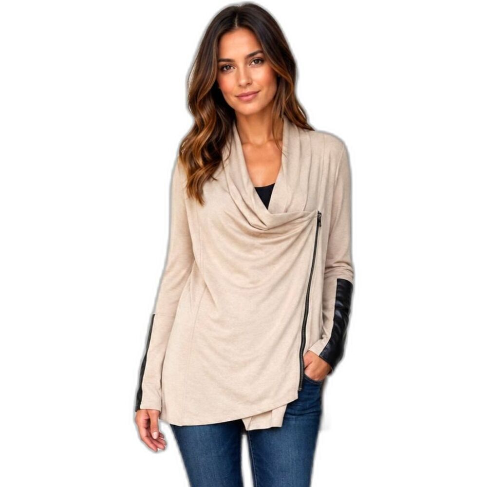 Fifteen Twenty M Lamb Leather Moto Cardigan Taupe Draped Asymmetrical Zip USA
